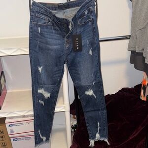 Risen Women's Dark Blue Distressed Cropped Jeans